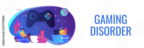 Tiny people gamers playing online video game, huge joystick and clock. Gaming disorder, video gaming addiction, decreased attention span concept. Header or footer banner template with copy space.