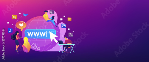 Tiny business people with digital devices at big globe surfing internet. Internet addiction, real-life substitution, living online disorder concept. Header or footer banner template with copy space.