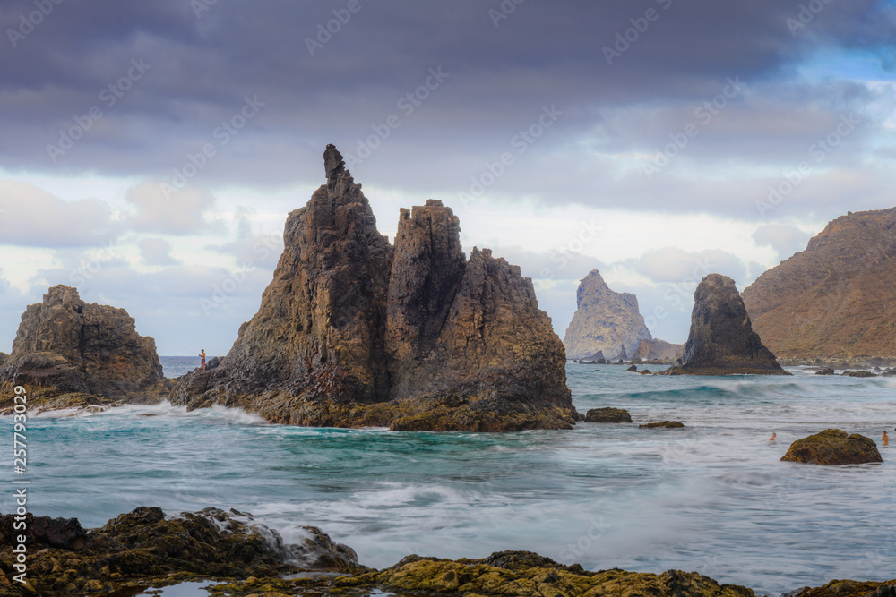 Great view of the cliffs on the beach Benijo. North part of Tenerife. Canary Islands..Spain