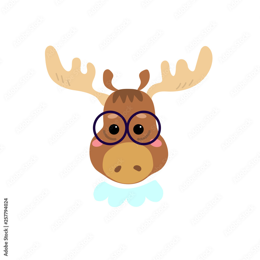 Cute cartoon character. Stylish moose in glasses. Cool picture is great for children's products: clothes, textiles, postcards, stationery products and other things. Vector illustration.