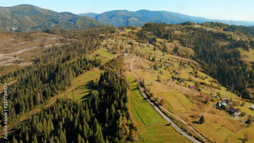 drone flight over pine wood and village in Ukraine Carpathians amazing nature scape in autumn season drone flight over pine wood and village in Ukraine Carpathians amazing nature scape in autumn season