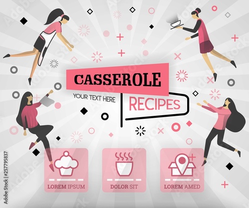 pink vector illustration concept. casserole recipes cover book.  healthy cooking recipe and deliciou food cover can be for, magazine, cover, banner, website, cookbook, book, mobile. flat cartoon