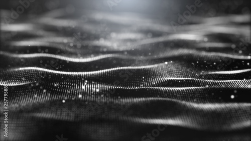 Black background, digital signature with particles, sparkling waves, curtains and areas with deep depths. The particles are white light waves.