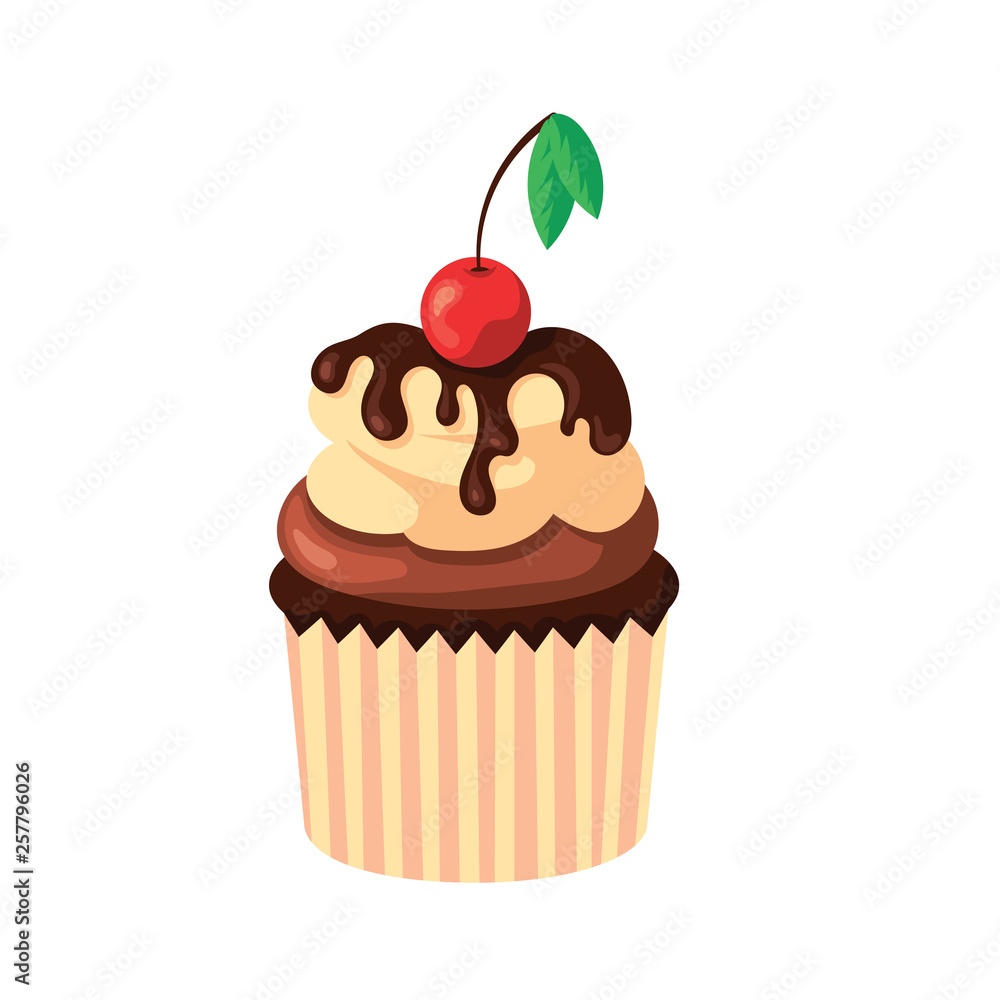 Cupcake with cream, chocolate and fresh cherry isolated on white background. Confectionery food, sweet pastry, dessert, bakery shop concept. Cupcake with cream, chocolate and fresh cherry isolated on white background. Confectionery food, sweet pastry, dessert, bakery shop concept.