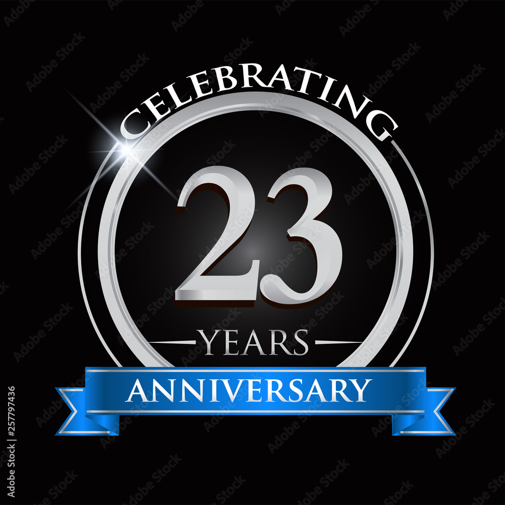 Celebrating 23 years anniversary logo. with silver ring and blue ribbon. Celebrating 23 years anniversary logo. with silver ring and blue ribbon.