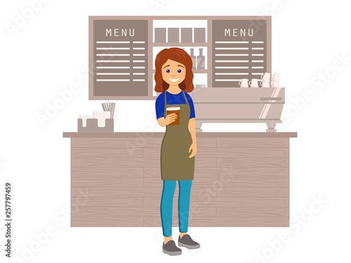 Barista giving coffee to go in a cafe interior. Design of coffee shop, coffee bar. Vector illustration in flat style