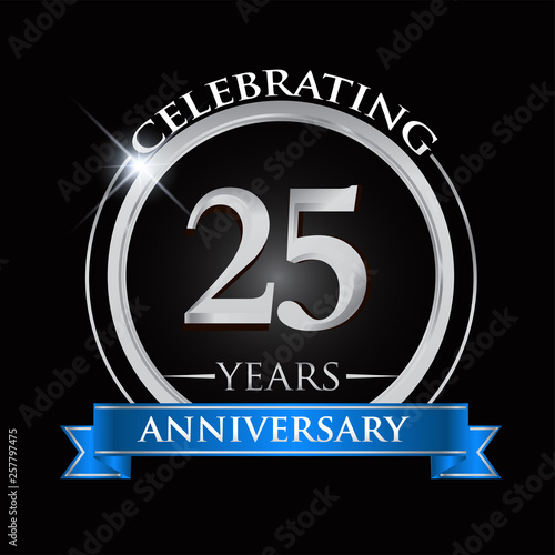 Celebrating 25 years anniversary logo. with silver ring and blue ribbon.