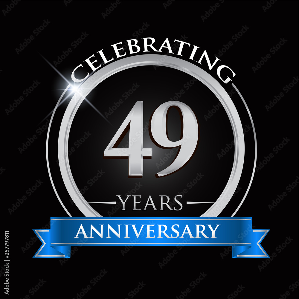Celebrating 49 years anniversary logo. with silver ring and blue ribbon. Celebrating 49 years anniversary logo. with silver ring and blue ribbon.
