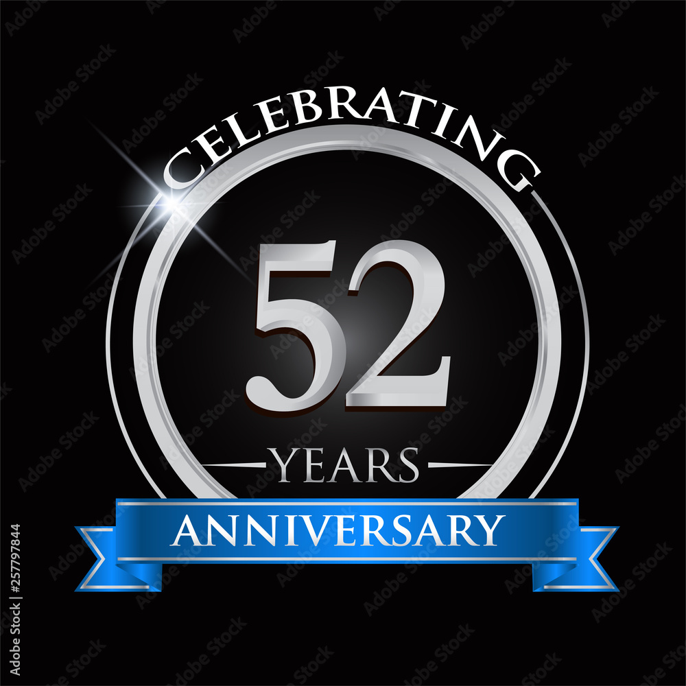 Celebrating 52 years anniversary logo. with silver ring and blue ribbon. Celebrating 52 years anniversary logo. with silver ring and blue ribbon.