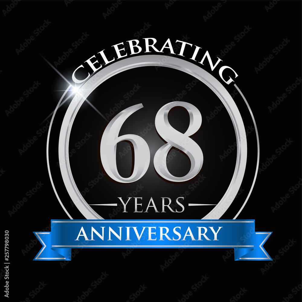 Celebrating 68 years anniversary logo. with silver ring and blue ribbon. Celebrating 68 years anniversary logo. with silver ring and blue ribbon.