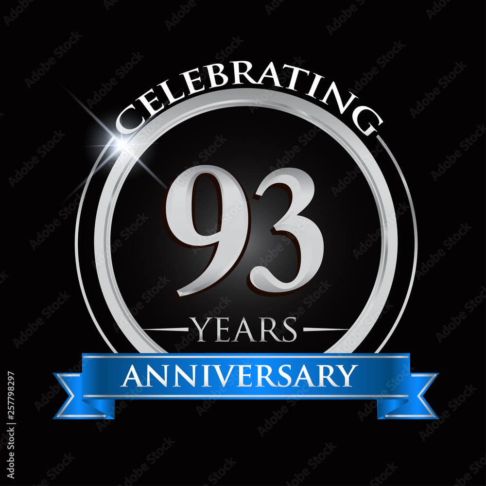 Fototapeta premium Celebrating 93 years anniversary logo. with silver ring and blue ribbon.