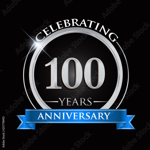 Celebrating 100 years anniversary logo. with silver ring and blue ribbon.