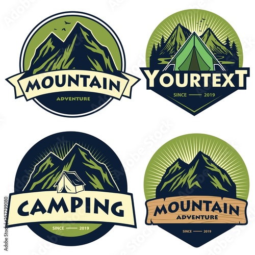 Set of Mountain Camping Logos, Templates, Vector Design Elements, Outdoor Adventure and Forest Expeditions. Vintage Emblems and Badges Retro Illustration Collections