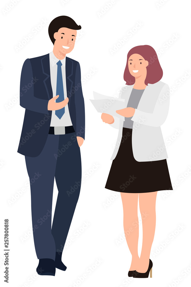 Cartoon people character design business man and woman standing talking cheerfully. Cartoon people character design business man and woman standing talking cheerfully.