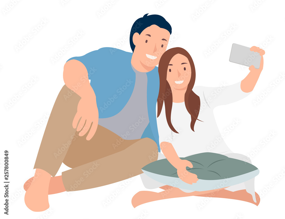 Cartoon people character design selfie with lover, young couple taking picture happily