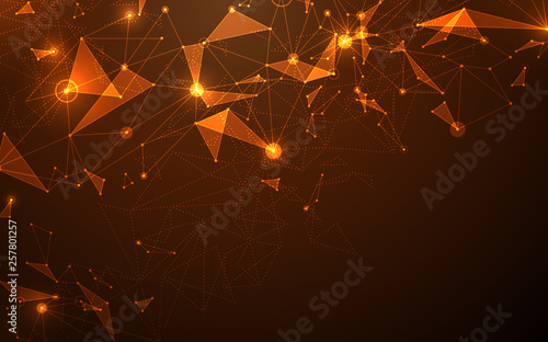 Abstract futuristic molecule line and polygon flame and gold color background. Computer network connection vector illustration digital technology concept.