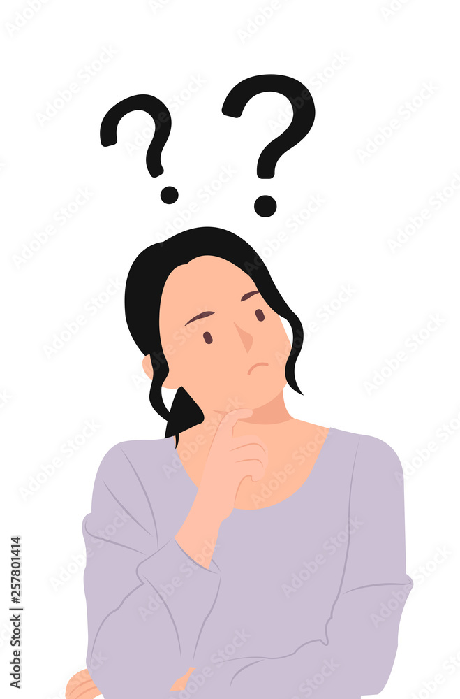 Cartoon people character design question marks with young Asian woman in a thoughtful pose Cartoon people character design question marks with young Asian woman in a thoughtful pose
