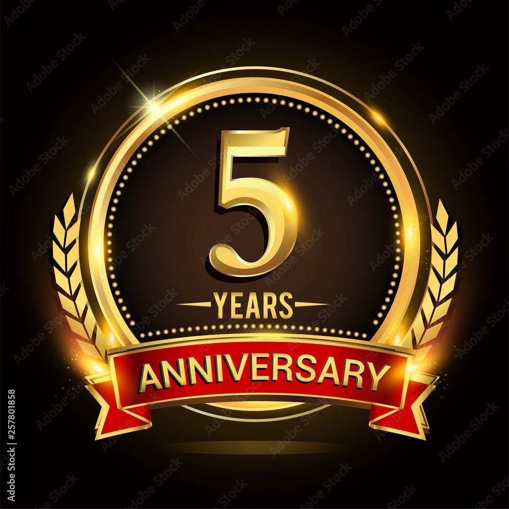 Fototapeta premium Celebrating 5th years anniversary logo with golden ring and red ribbon.