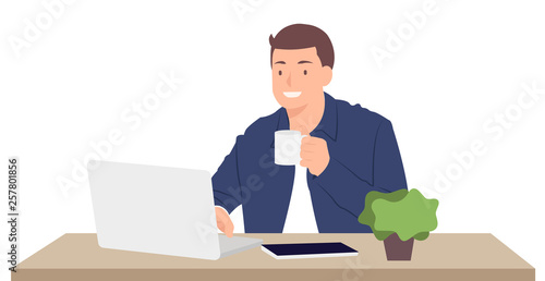 Cartoon people character design young man working on laptop and holding coffee cup while sitting by the desk