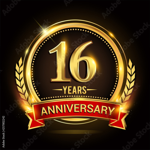 Celebrating 16th years anniversary logo with golden ring and red ribbon.