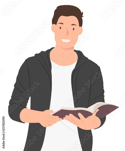 Cartoon people character design handsome guy reading book with smiling face