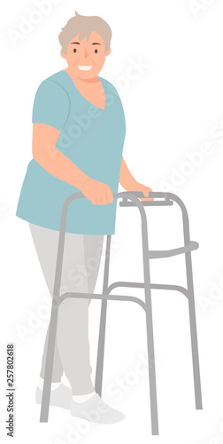 Cartoon people character design elderly woman with walking frame doing rehabilitation
