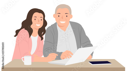 Cartoon people character design young daughter teaching father how to use laptop