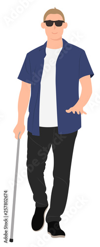 Cartoon people character design blind young man walk with a walking cane