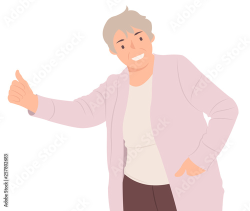 Cartoon people character design cheerful senior woman showing thumbs up