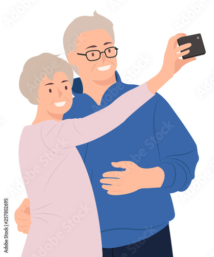 Cartoon people character design senior couple taking selfie by mobile phone happily
