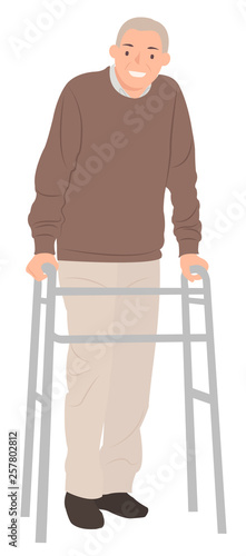 Cartoon people character design senior man standing with a walking frame