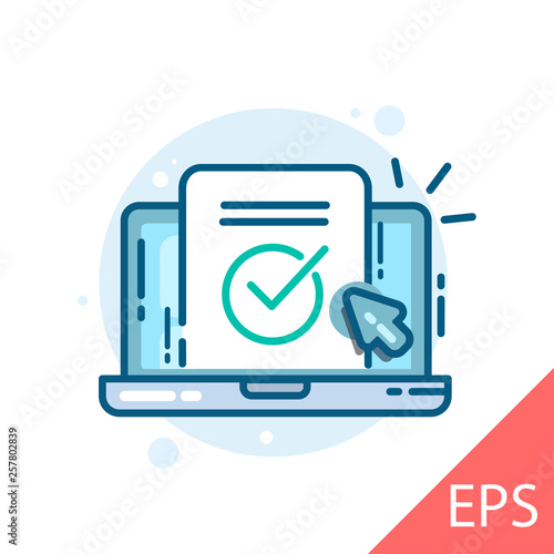 Laptop with check mark outline icon. Vector check mark on laptop screen concept. Vector modern line design illustration icon