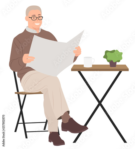 Cartoon people character design senior man reading newspaper sitting by a coffee table