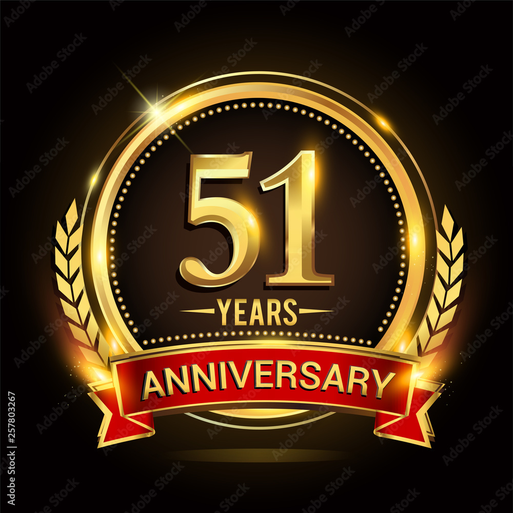 Celebrating 51st years anniversary logo with golden ring and red ribbon. Celebrating 51st years anniversary logo with golden ring and red ribbon.