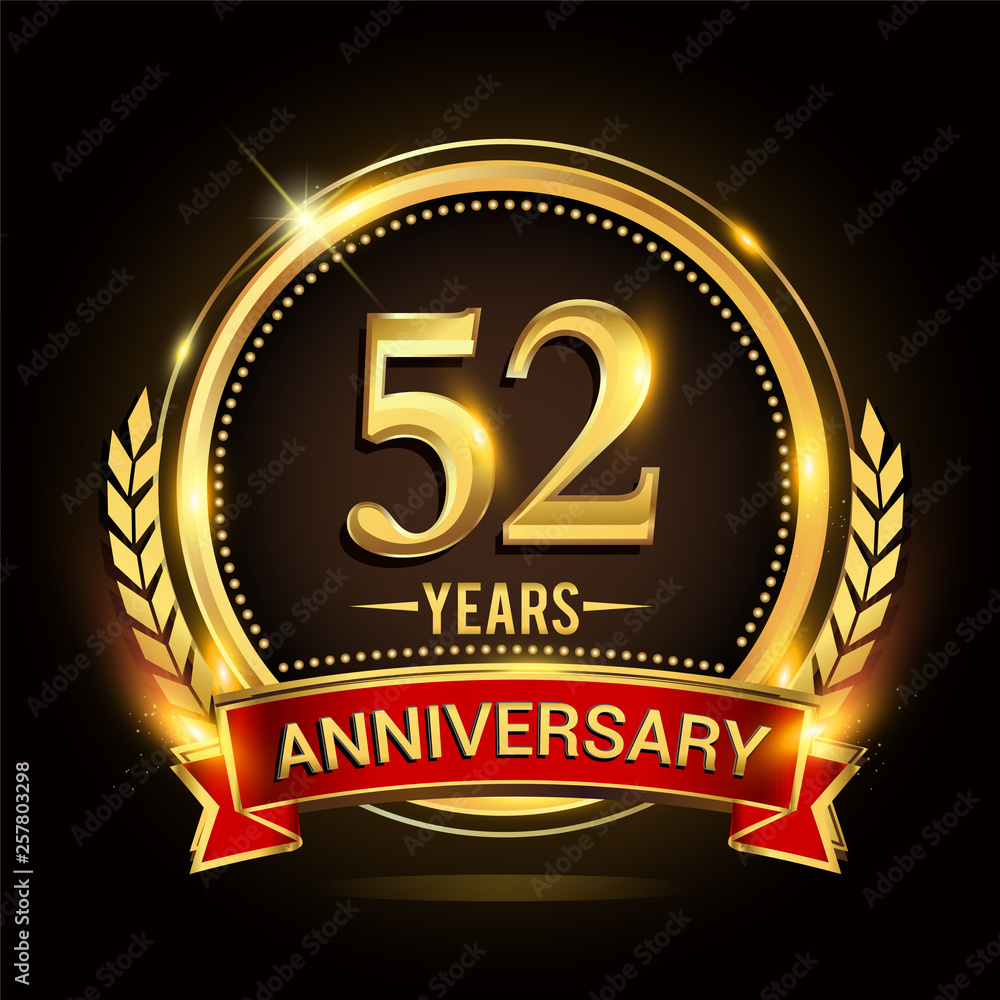 Fototapeta premium Celebrating 52nd years anniversary logo with golden ring and red ribbon.
