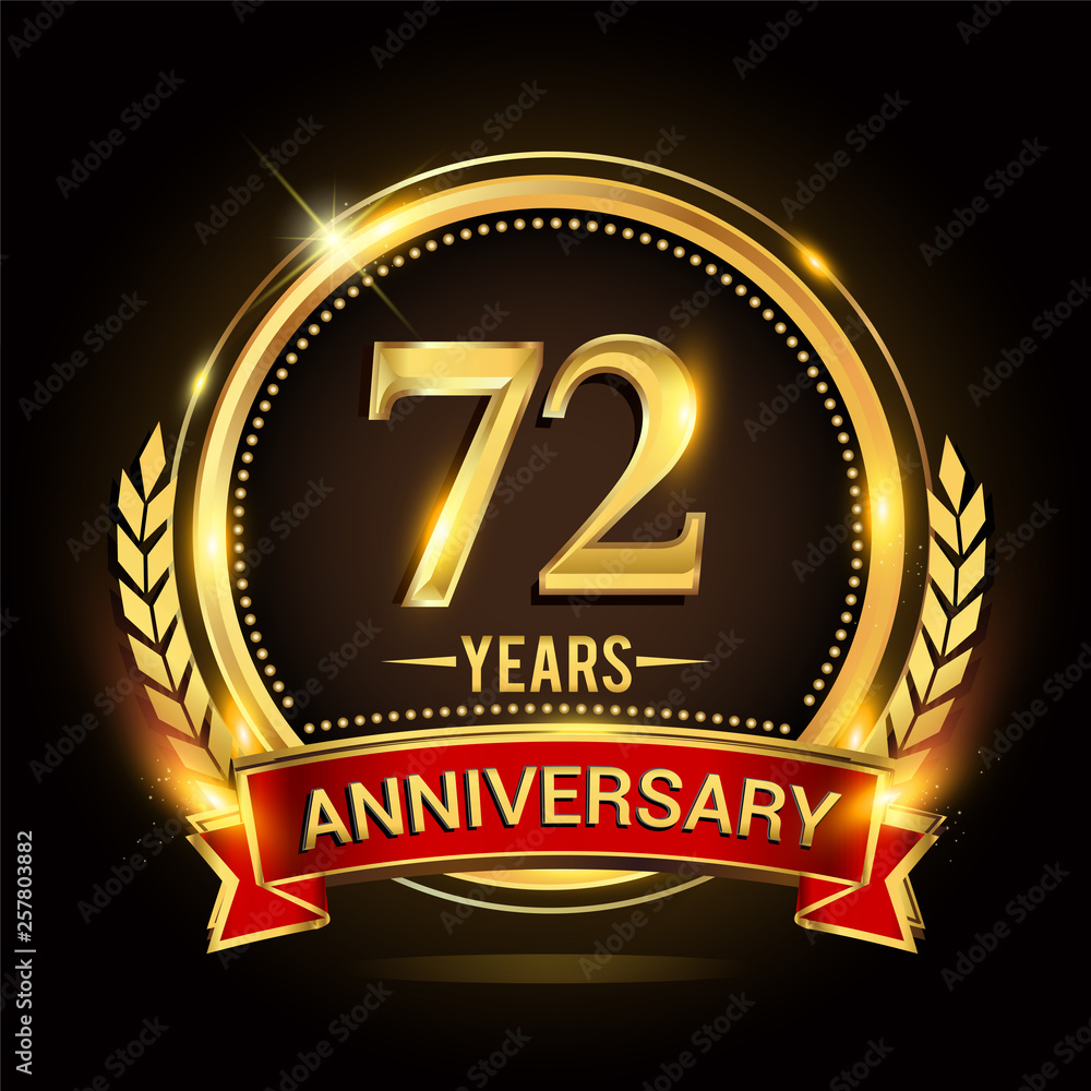 Celebrating 72nd years anniversary logo with golden ring and red ribbon. Celebrating 72nd years anniversary logo with golden ring and red ribbon.