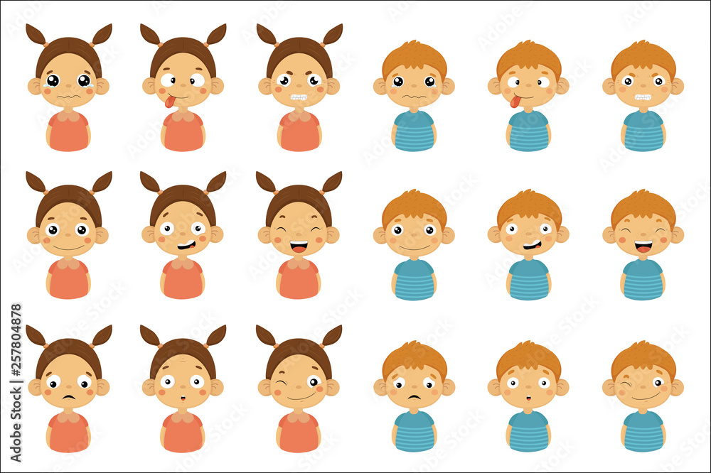 Boys and girls with different emotions set, funny faces of little kids vector Illustrations on a white background