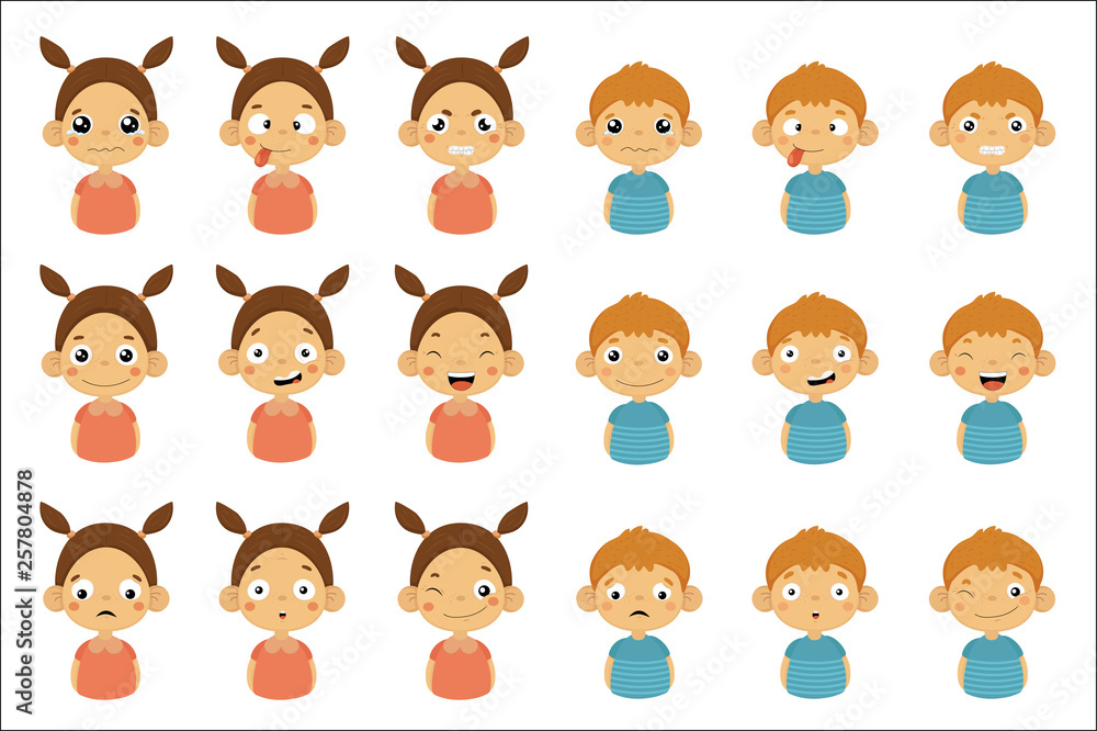 Boys and girls with different emotions set, funny faces of little kids vector Illustrations on a white background Boys and girls with different emotions set, funny faces of little kids vector Illustrations on a white background