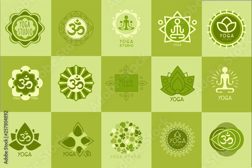 Collection of yoga studio logos design template, green emblem for meditation class, sport, fitness center vector Illustration