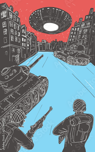 Drawing sketch style illustration showing a T-34 Russian tank faced against a U.S. M4 Sherman with American world war two GI soldiers in foreground and an alien spaceship hovering above a Western Euro