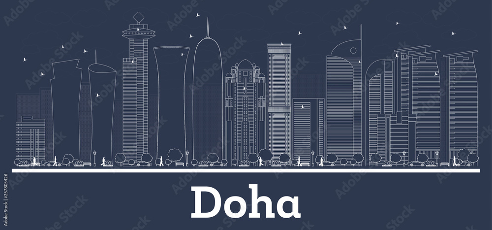 Outline Doha Qatar City Skyline with White Buildings.