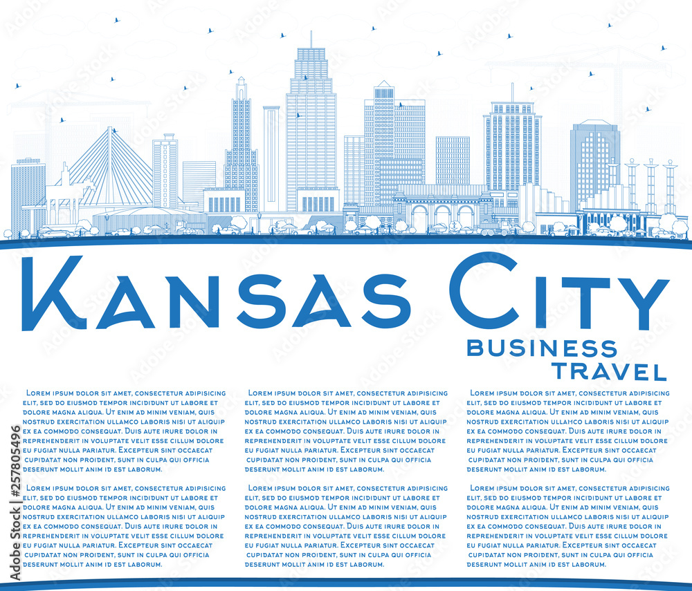 Outline Kansas City Missouri Skyline with Blue Buildings and Copy Space.