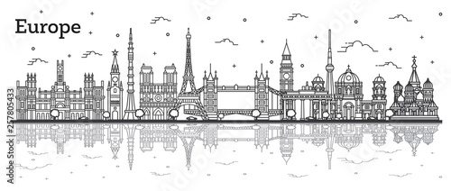 Outline Famous Landmarks in Europe with Reflections.