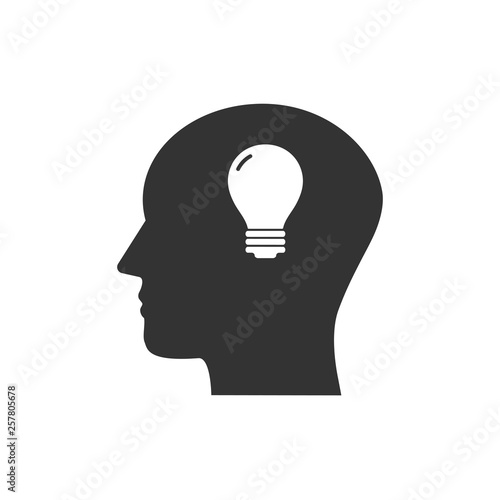 Head, bulb, idea icon. Vector illustration, flat design.