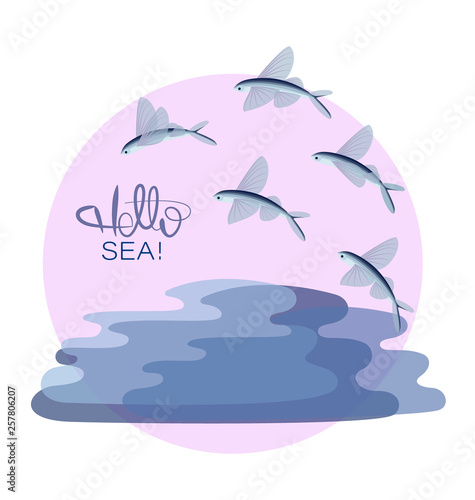 Hello, SEA! Flying fish. Poster, postcard, advertising flyer. Design for decoration of the menu, invitations to rest, sea travel, cruise.