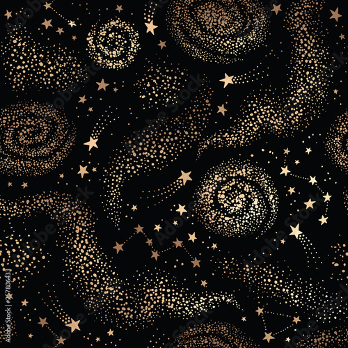 Galaxy seamless black pattern with gold nebula, constellations and stars