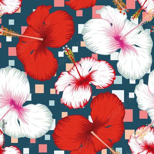 Hibiscus seamless multicolor square blue background