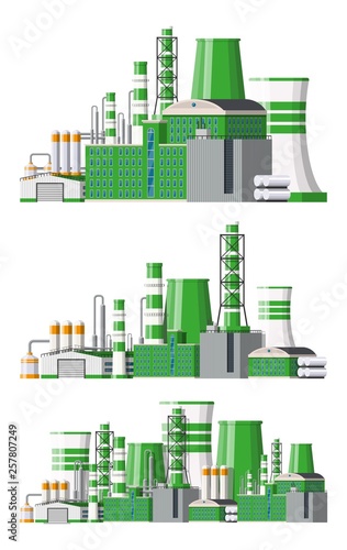 Factory icon set. Industrial factory, power plant. Pipes, buildings, warehouse, storage tank. Vector illustration in flat style