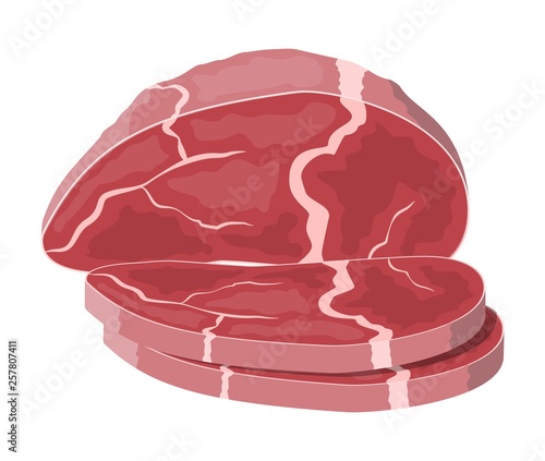 Beef tenderloin. Pork knuckle. Slice of steak, fresh meat. Uncooked pork chop. Vector illustration in flat style