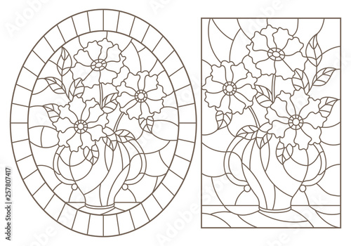 Set of contour illustrations of stained glass Windows with still lifes, bouquets of flowers in vases, dark contours on a white background